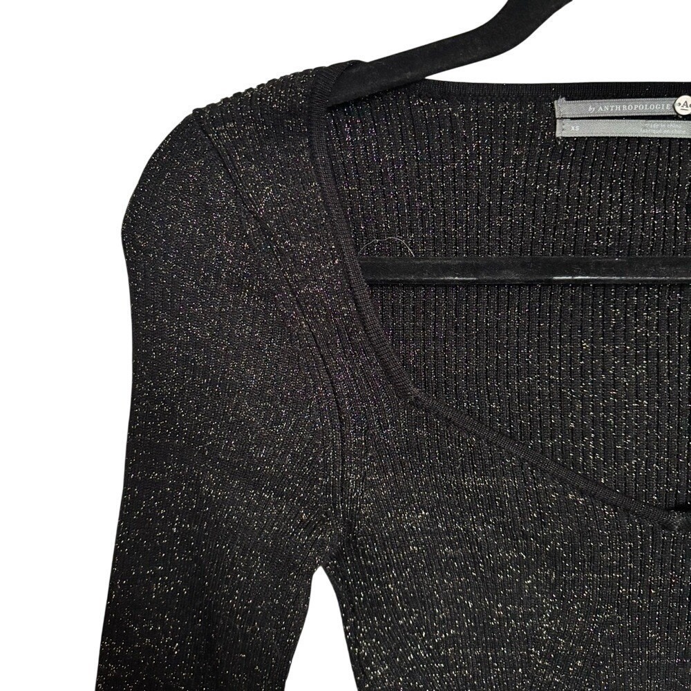 Anthropologie Black Gold Metallic Ribbed Sweetheart Long Sleeve Top Blouse XS - Picture 4 of 9